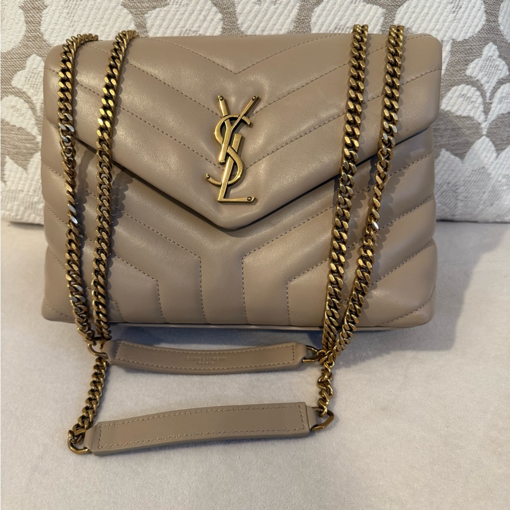 Yves Saint Laurent Taupe Quilted Shoulder Bag with Gold Chain